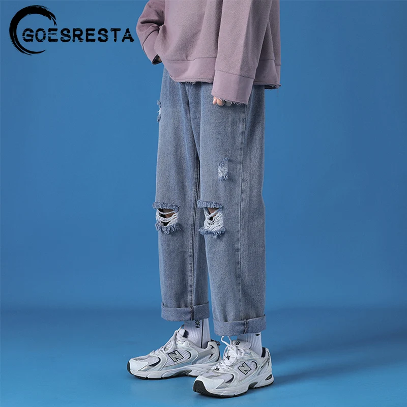Pantalones vaqueros con agujeros para hombre, pantalón informal, Retro, japonés, Harajuku, talla grande, azul, coreano, S-5XL, novedad de 2021