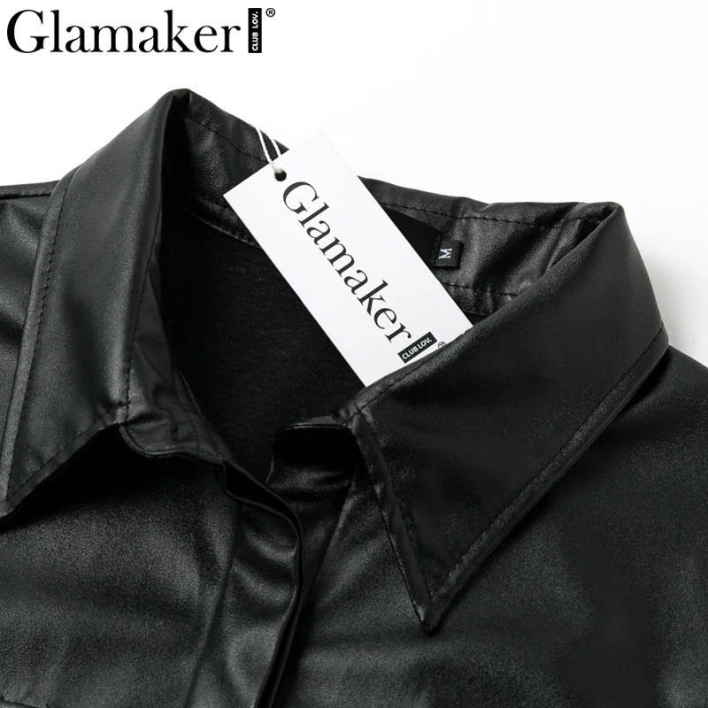 Glamaker, офисное черное платье из искусственной кожи с карманом на поясе, женское уличное модное платье с коротким рукавом, весеннее сексуальное элегантное вечернее платье