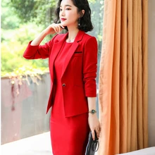 Элегантные красные женские офисные осенние зимние Формальные женские деловые костюмы с платьем и пиджаками, пальто, профессиональная рабочая одежда, блейзеры