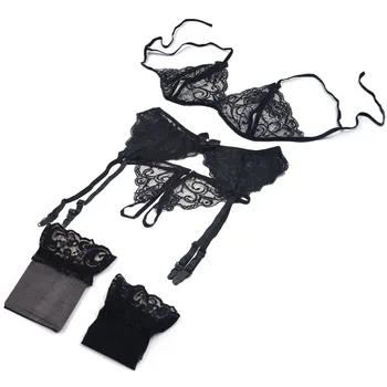 Set Lingerie Donna in Pizzo 4 Pezzi: Reggiseno Aperto con Bretelle, Sexy con Reggicalze e Mutandine, Set Reggiseno Push-Up, Biancheria Intima Trasparente Erotica, Calze a Rete