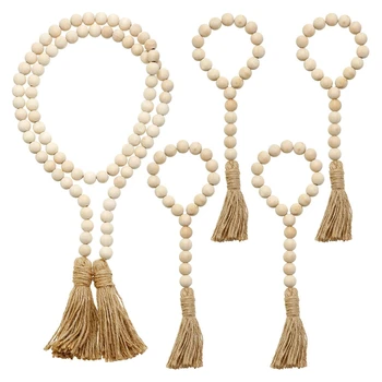 

Wood Bead Garland Set,5 Set Farmhouse Rustic Country Beads with Tassles Wall Hanging Decor