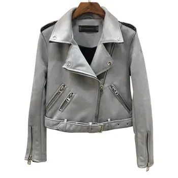

New Autumn Faux Suede Womens Motorcycle Jacket Faux Leather Jacket Women Biker Jacket Slim White PU Coat