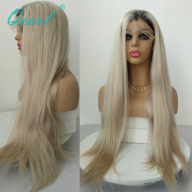 Ombre 1b/60 Platinum Blonde Color Human Hair Lace Wig Straight Lace Front Wig Preplucked Hairline 13x4 Remy Hair 150% 180% Qearl