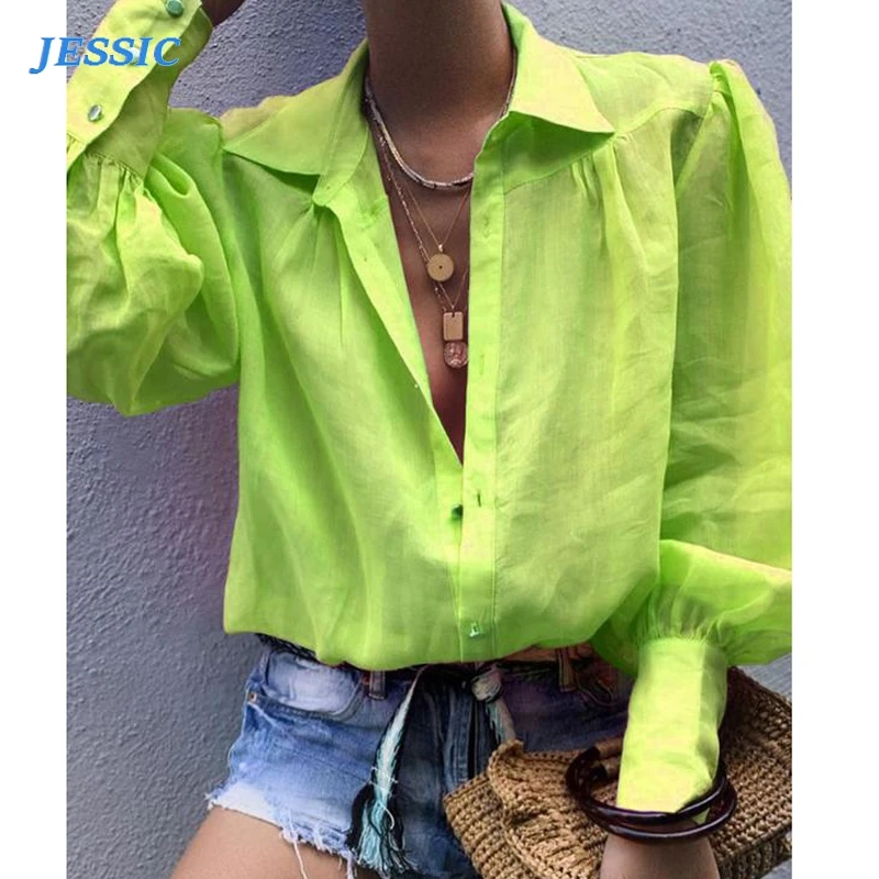 

JESSIC Autumn Sexy Notched Collar Blouse Women Lantern Long Sleeve Button Loose Shirt Solid Color Femme Tops Blouses