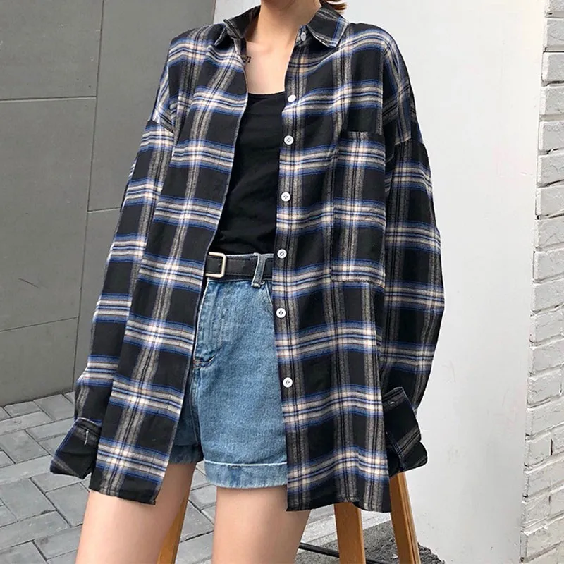 

Women Spring Autumn Plaid Print Shirt Casual Loose Single-breasted Lapel Long Sleeve Blouse