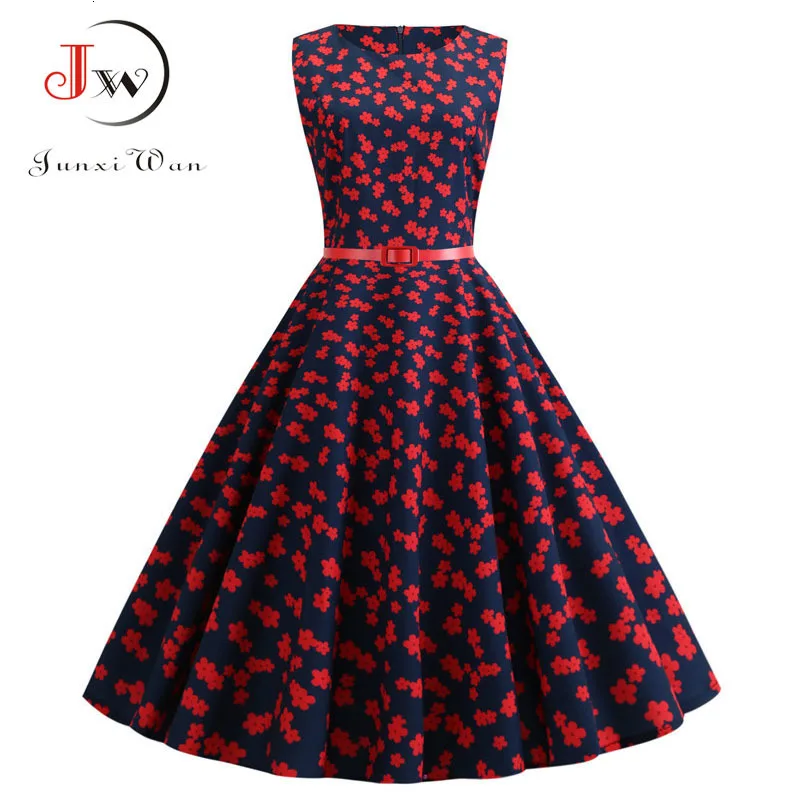 

Vestidos 2019 Women Summer Dresses Sleeveless O Neck Floral Print Vintage Dress Elegant Pin Up Rockabilly Party Dress Robe Femme