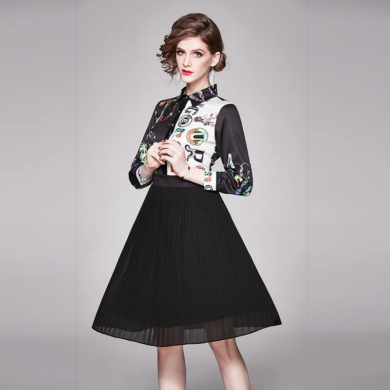 

Europe And America 2020 Spring New Products Western Style Fashion Slim Fit Slimming Pleated Joint Printed Fold-down Collar Dress