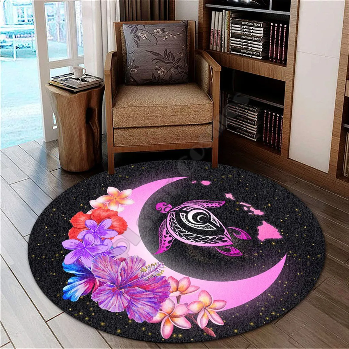 

Hawaii Map Moon Star Turtle Hibiscus Round Carpet 3D Printed Rug Non-slip Mat Dining Room Living Room Soft Bedroom Carpet