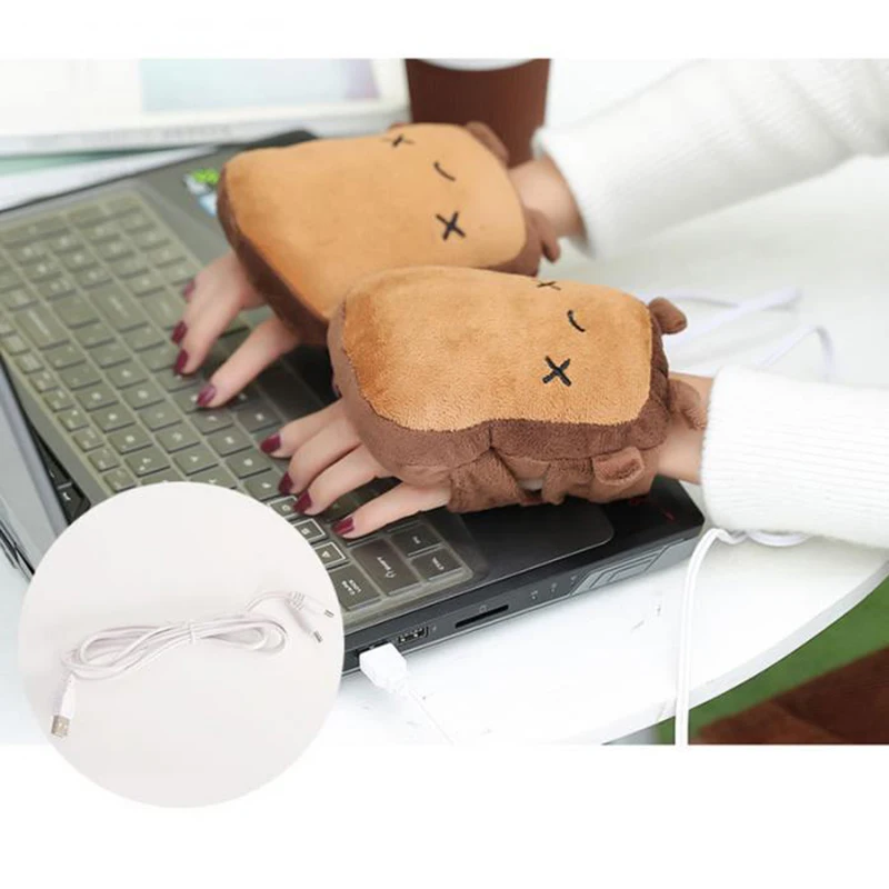 USB грелки для рук, Мультяшные теплые перчатки, теплые зимние перчатки без пальцев для офисных работников