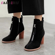 SARAIRIS Brand New women's Cow Suede Leather Ladies High Heels Footwear Party Ol Ankle Boots Zip Autumn Winter Shoes Woman