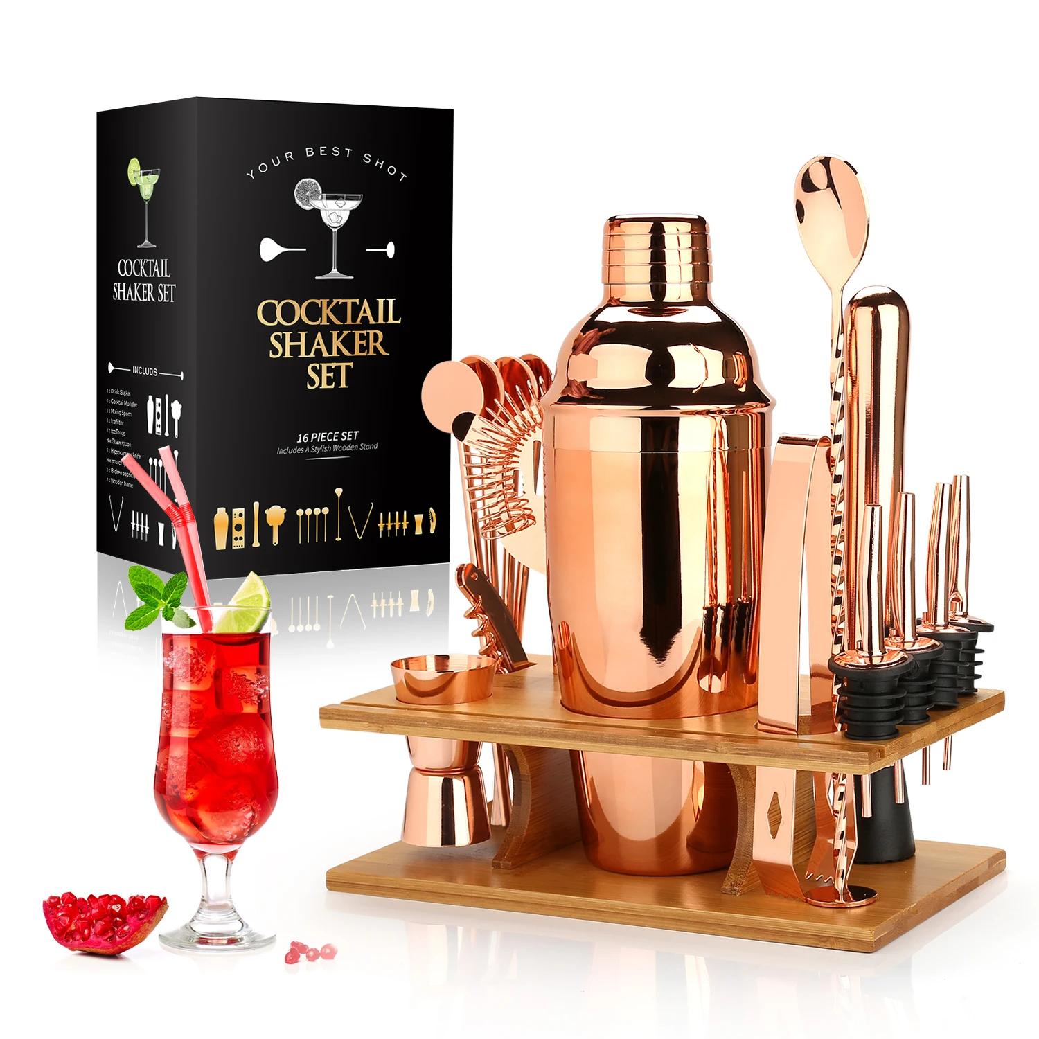 Cocktail Shaker Making Set ,16pcs Bartender Kit with Eco Bamboo Stand – Stainless Steel Bar Tool Set Home DIY Kit (Rose Gold)