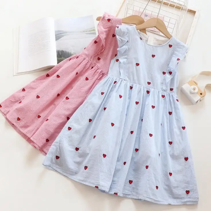 Г. Летние хлопковые платья принцессы в полоску с сердечками для девочек; милое детское платье; 5 шт/лот;