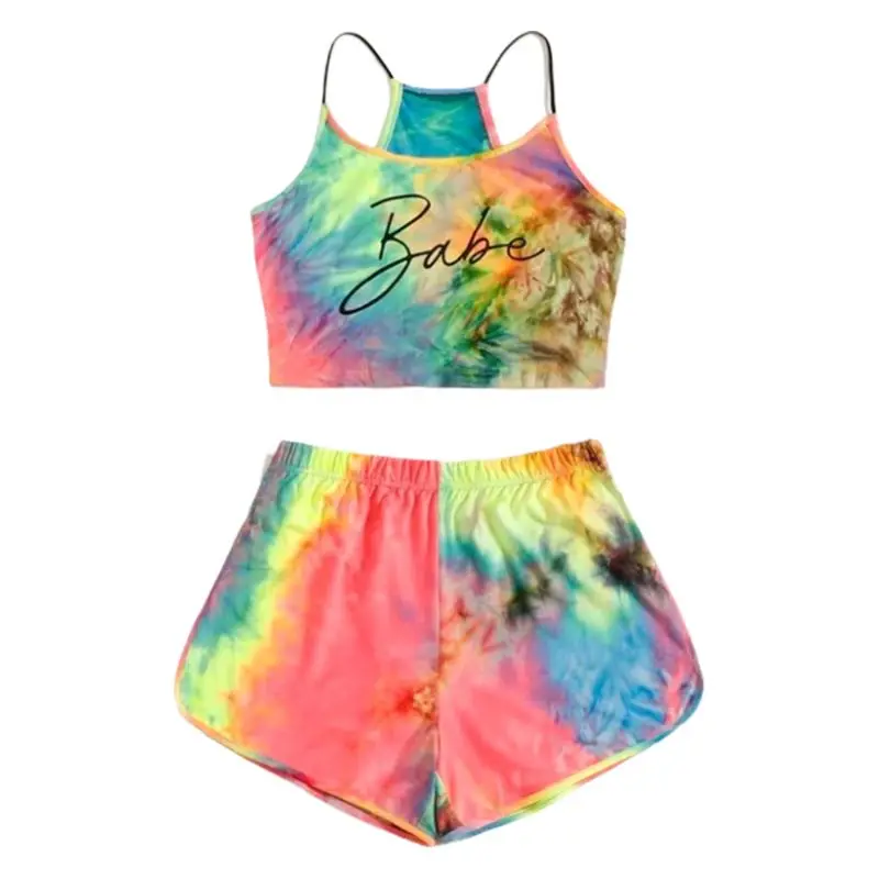 Women Tie-Dye Letter 2 Piece Set Gradient Rainbow Cami Crop Top Shorts Tracksuit