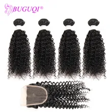 BUGUQI, перуанские, кудрявые, волнистые, 4 пряди с закрытием, человеческие волосы, пряди со швейцарским кружевом, не Реми человеческие волосы