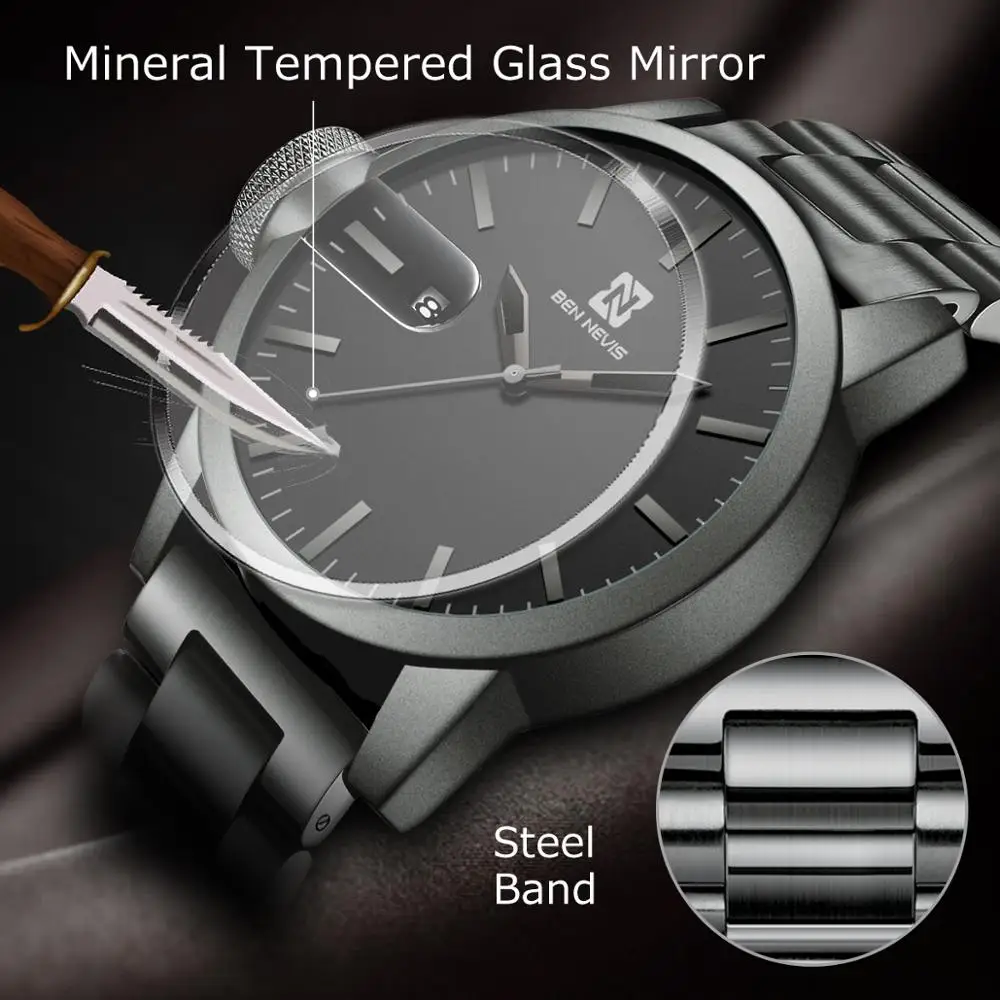 Ben Nevis MilitaryMen Watch Business Waterproof Steel Quartz  WristWatch for Men Husband BoyFriends Calendar Watches Gifts