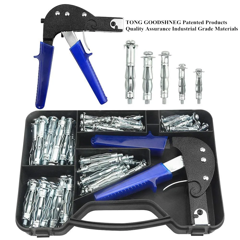 81pc Plasterboard Hollow Wall Anchors & Wall Anchor Setting Gun Tool Carry Case 
