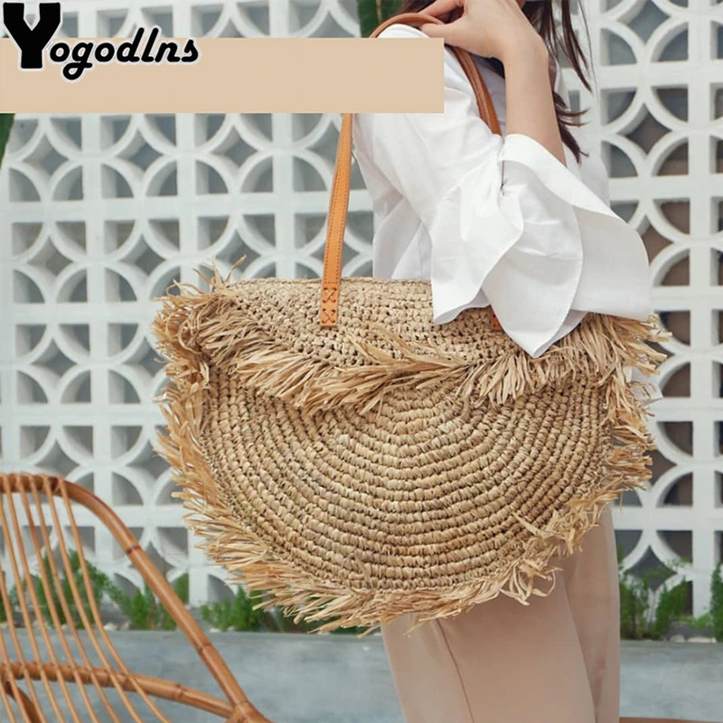 Bohemian Round Tassel Women Straw Bag Designer Rattan Shoulder Bags Large Capacity Shopper Handbags Summer Beach Woven Purses
