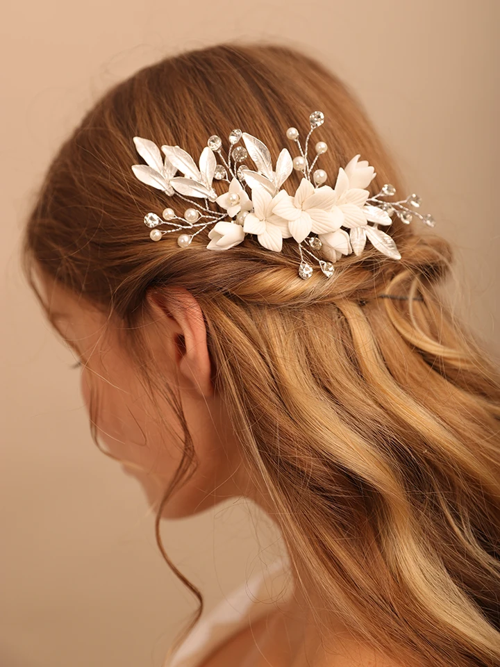 Pettini Per Capelli Da Sposa Argento Con Fiori, Foglie E Perle – Accessorio Nuziale Con Cristalli, Cerchietto Regolabile Per Donne E Ragazze, 25 Cm