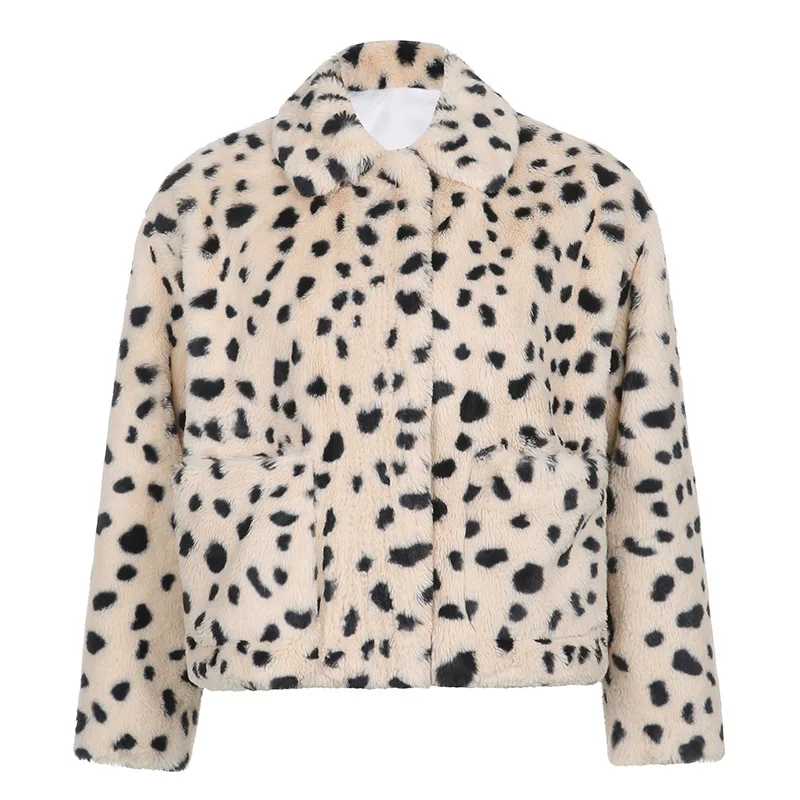 

Leopard Print Furry Jacket Casual Coat Women Single Breasted Pocket Long Sleeve Thick Loose Overcoat Winter Streetwear