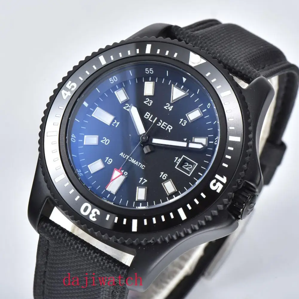 Corgeut44mm BLIGER черные светящиеся автоматические мужские модные часы с кожаным