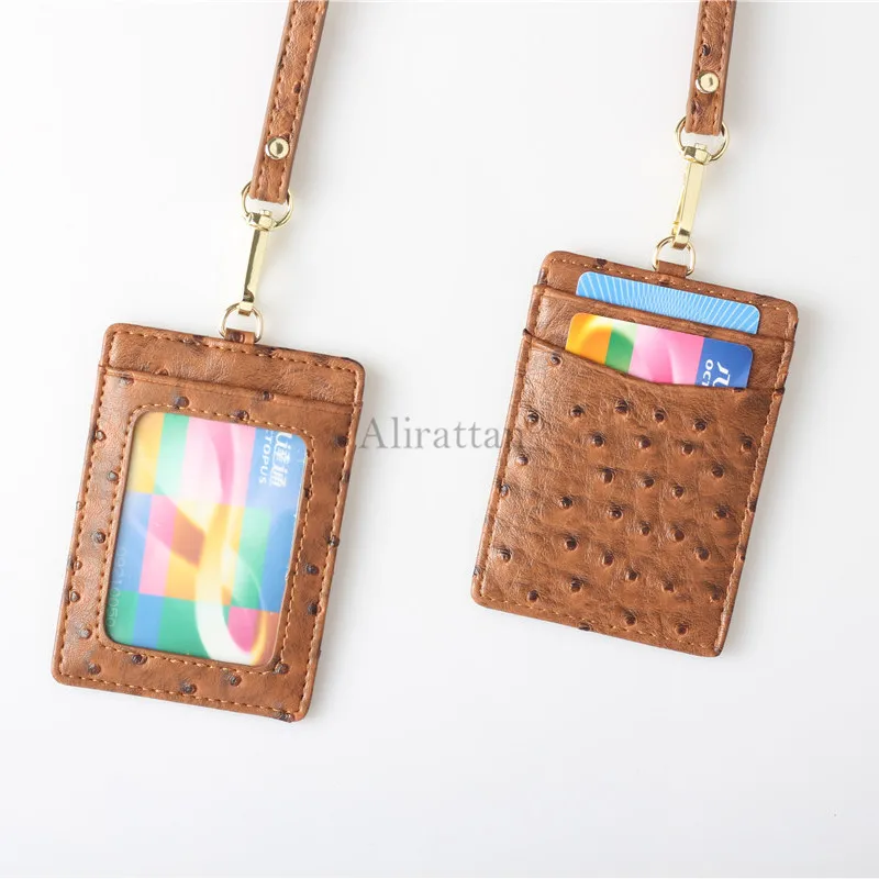 Alirattan Crocodile Leather Lanyard ID Card Holder High Quality Ostrich Snake Work Card Holder Printed Letters - Цвет: Ostrich Brown