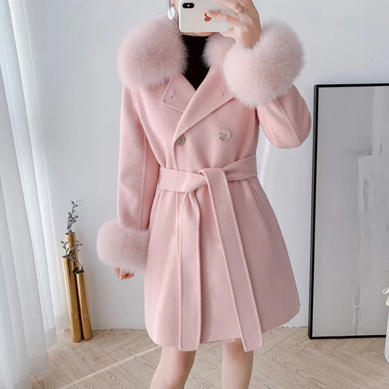 

Wool coat with real fox fur collar 2020 new fashion double breasted england style high quality Cashmere coats female overcoat