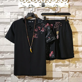 

Chinese style flower pattern printing t shirt and shorts sets Summer New quality cotton linen fashion boutique men's suits M-5XL