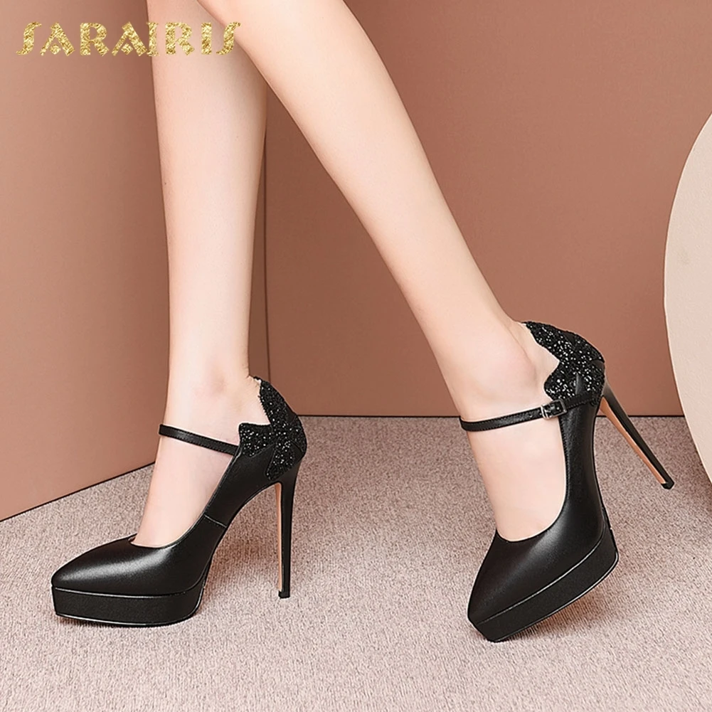 

Sarairis New Arrivals Genuine Cow Leather Thin High Heels Shoes Woman Pumps Pointed Toe Buckle Strap Party Pumps Women Shoes