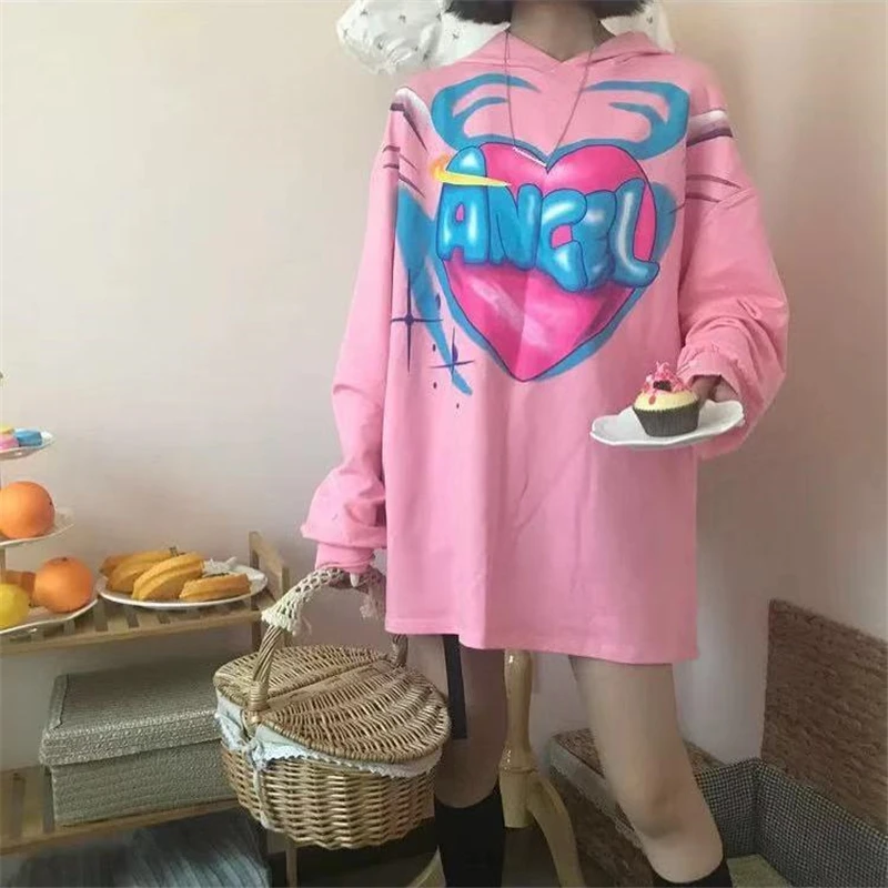 

2020 Autumn Winter Women's Sweater Hooded Korean Style Of Cute Girl Heart Angel Wings Printing Loose Long-sleeved Thin Students