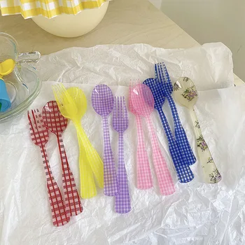 

Dessert Spoon and Fork Flowers Design Retro Plaid Cold Tea Coffee Mixing Spoon 1 Set Stirring Spoon INS Drink Tableware