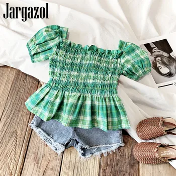 

Jargazol Summer Kids Clothes Girls Ruffle Outfits Plaid Blouse&denim Shorts Korean Fashion Little Children Clothing Set