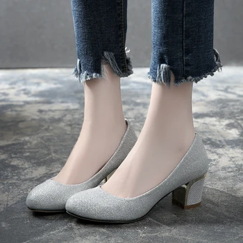 

Women's Pumps and Block Heels Gold/Silver Shoes Women Medium Heels Big Sizes 44 Ladies High Heel Shoes 2020 Sapato Para Noivas