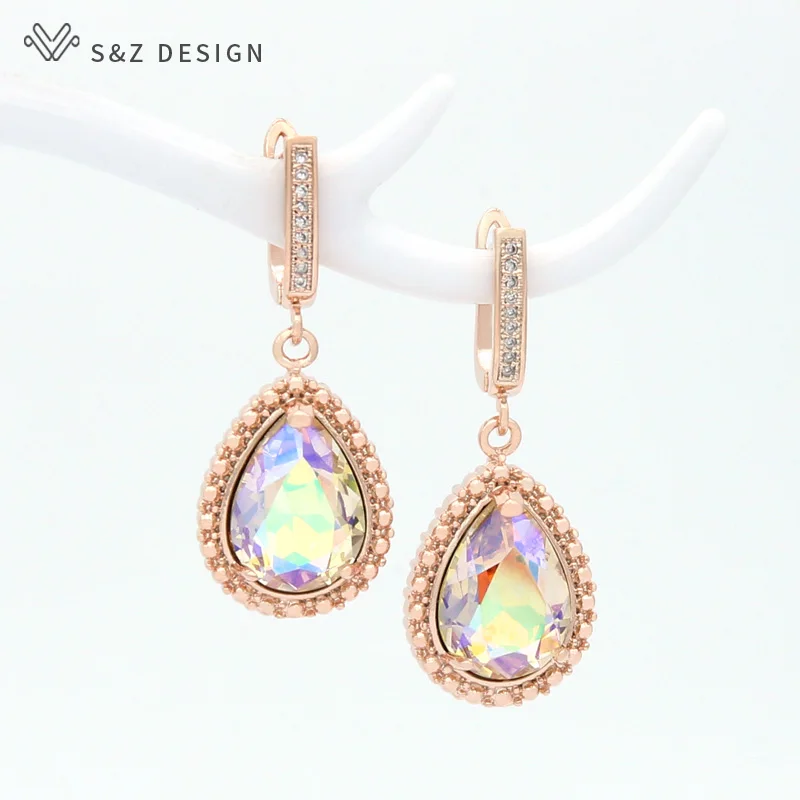 S&Z DESIGN Vintage Water Drop Crystal Dangle Earrings For Women Wedding Jewelry 585 Rose Gold Color Eardrop Fine Luxury Gift