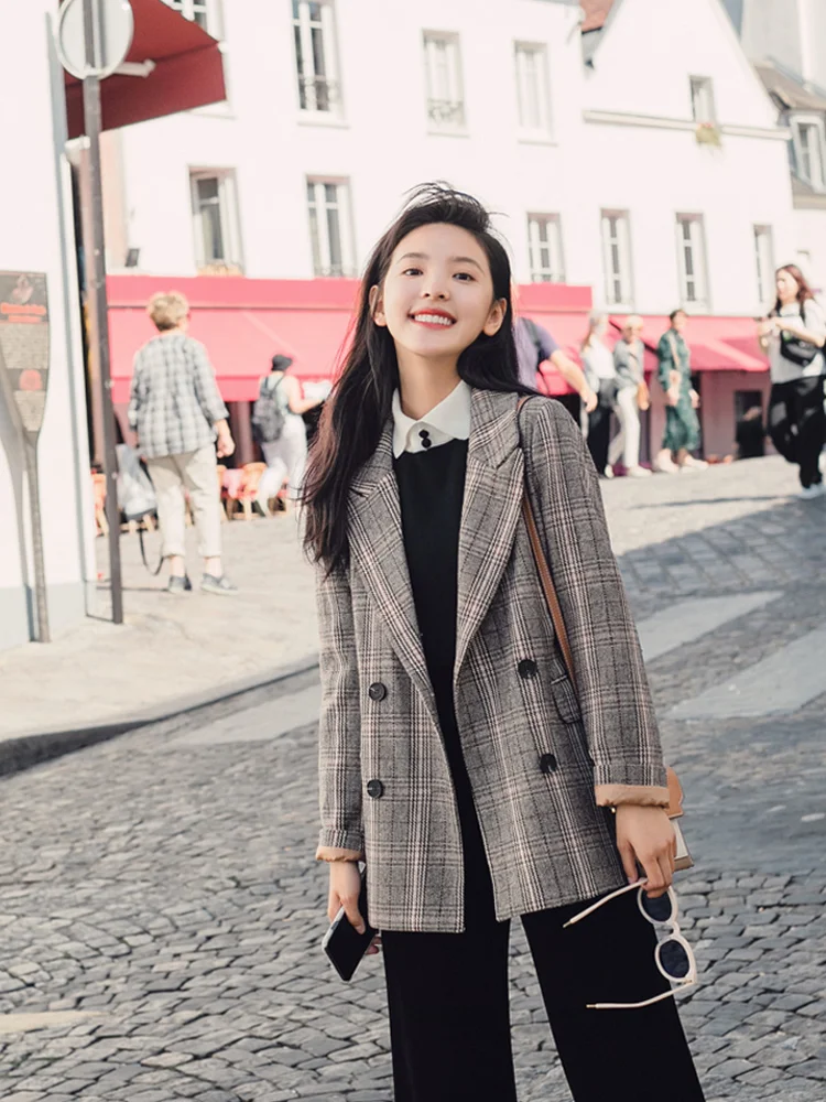 Plaid Stylish Ladies Blazer Gray Loose Casual Vintage Suit Jacket Veste Femme Longue Korean Women Blazer Spring Autumn MM60NXZ