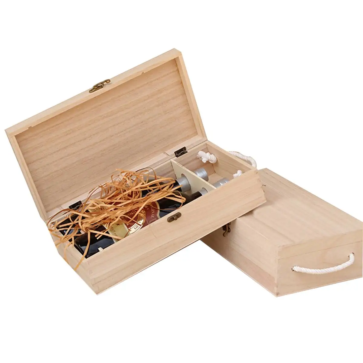 Vintage Natural Wood 2 Red Wine Bottle Box Carrier Crate Case Carrying Display Packing Holder Birthday Party Gift 35*19*10cm