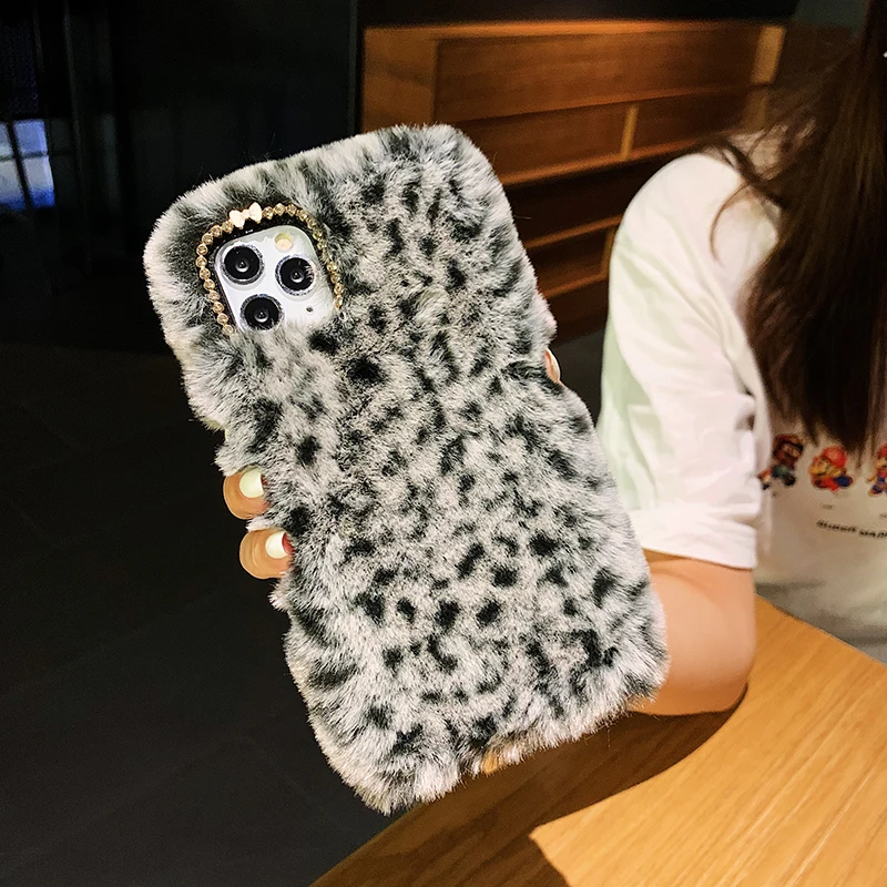 Rabbit Warm Fur hair Plush Case For iPhone 12 11 Pro Max SE 2020 Lepoard Fluffy Back Cover for 5 5S 6 6S 7 8 X Xs XR | Мобильные