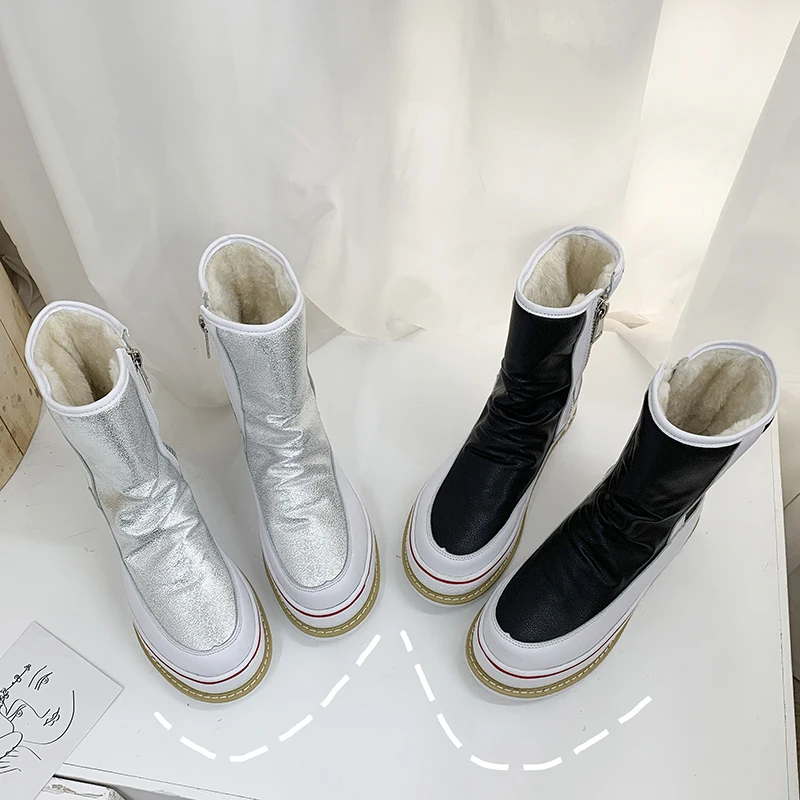 Women Mid Calf Boots Platform Chunky Short Boots Ladies Winter Keep Warm Non-slip Waterproof Women Shoes Black Silver