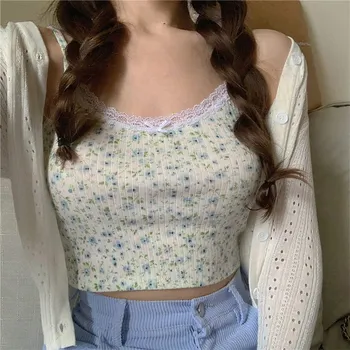 

Fashion Spaghetti Straps Women Camis Streetwear Slim Women's Crop Top Sexy Sleeveless Blue Green Floral Print Female Tank Top