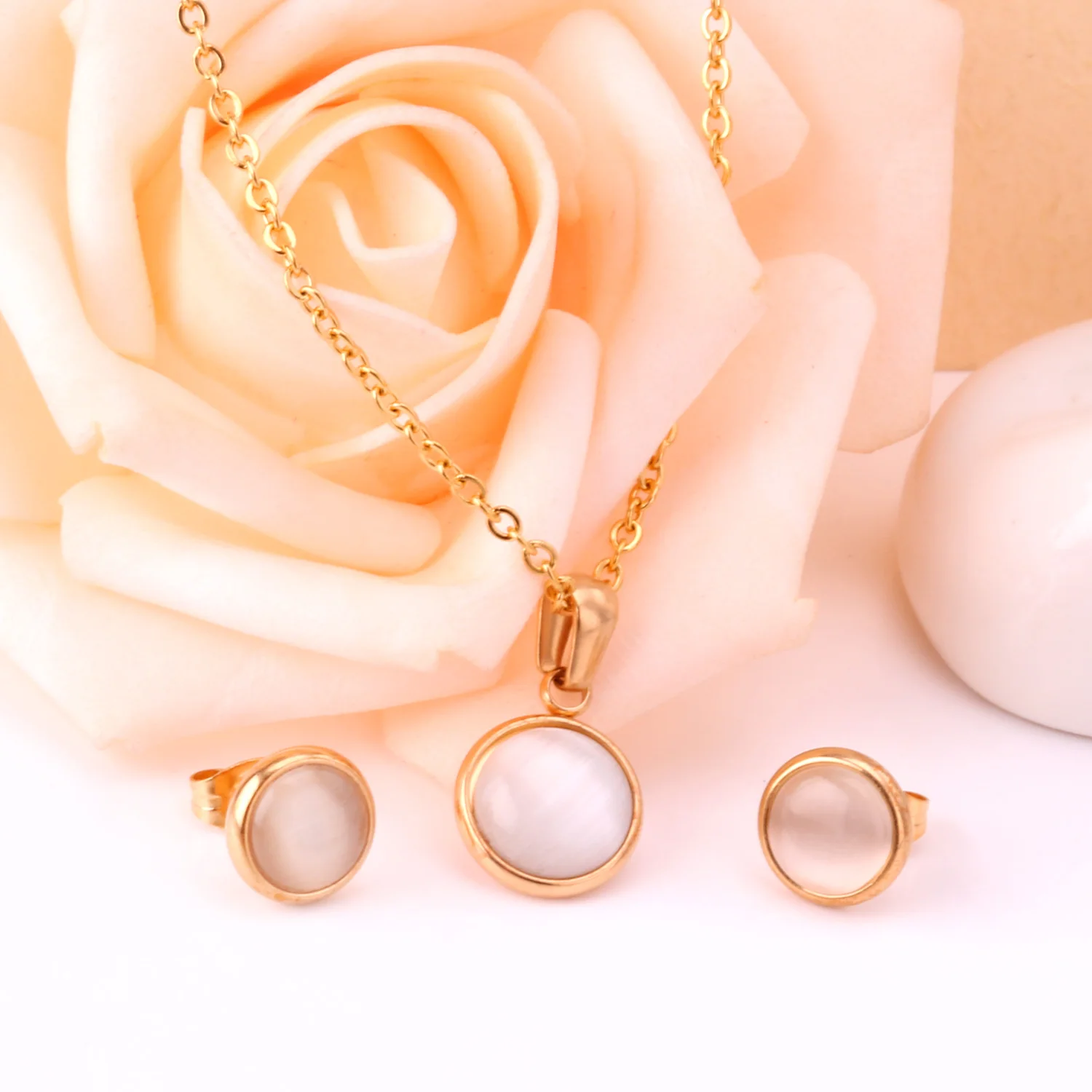 LUXUKISSKIDS Opal Shell Dubai Wedding Bridal Christmas Jewelry Sets Pendant Necklace Earring Women Gold Indian Jewellery Set