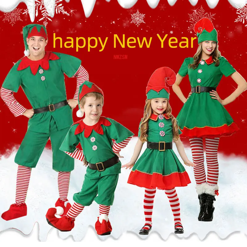 

Men Women Girls Boys Christmas Santa Claus Costume Green Elf Cosplay Family Christmas Party New Year Fancy Dress Clothes Set For
