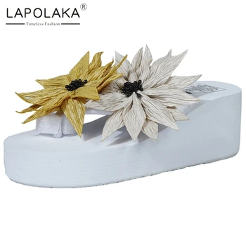 

Lapolaka 2020 New Design Cottom Fabric Women Mule Shandals Wedges Med Platform Flower Shoes Outside Summer Women Slippers