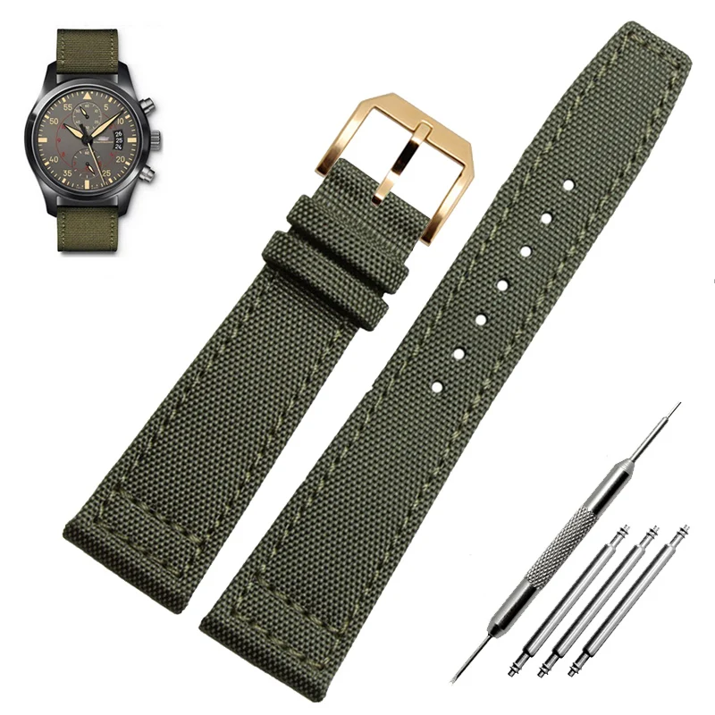 Green and Black Nylon Leather Watch Band Strap with Silver Pin Buckle - High Quality