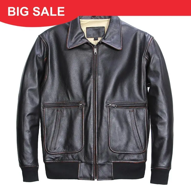 

2020 Vintage Black Men American Pilot Leather Jacket Plus Size XXXL Genuine Cowhide Autumn Aviator Leather Coat FREE SHIPPING