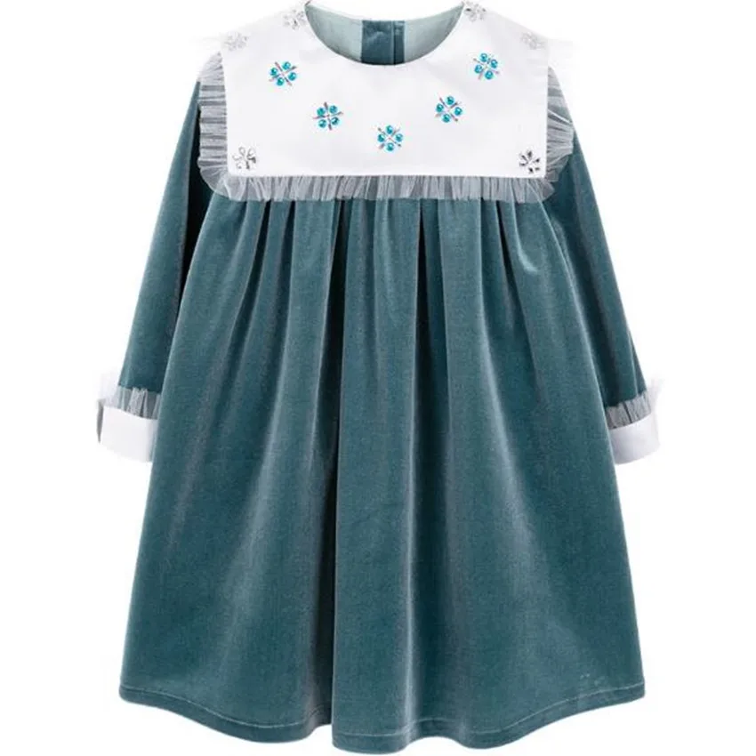 

Baby girl vintage velvet diamond princess dress kids casual mesh sttiching long sleeve birthday party dress a-line