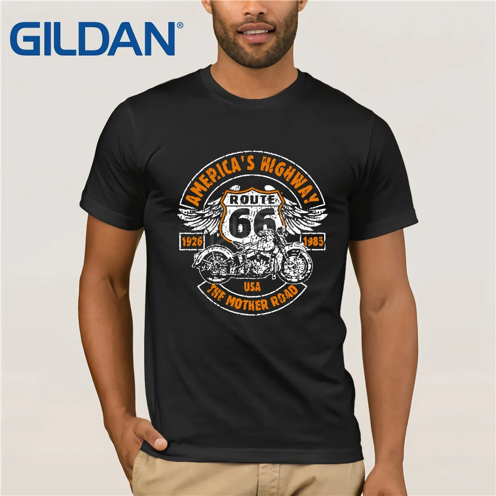cheap Route 66 America Highway Classic Cool T shirt Bikee Indy Chopper Vintage Print Top Tee Mens Summer Short Sleeve Shirt Plus Size