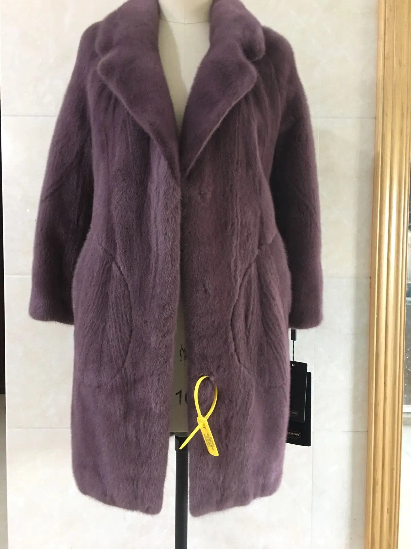 

real mink fur coat dark purple color with turn-down collar 90cm woman fur coat