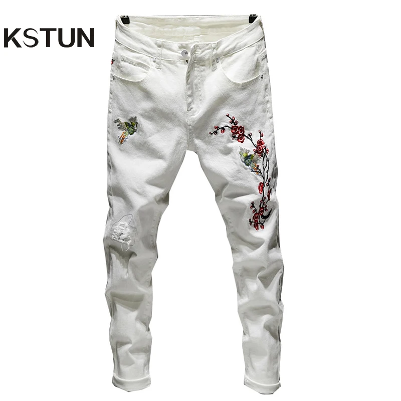 Super Skinny Jeans Men White Jeans Stretch Black Blue Embroidered Floral Ripped Jeans Distresed Denim Pants Men Biker Jeans Super Skinny Jeans Men White Jeans Stretch Black Blue Embroidered Floral Ripped Jeans Distresed Denim Pants Men Biker Jeans