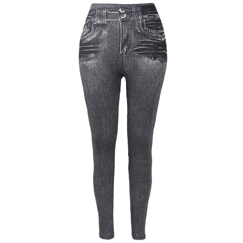 Женские зимние джеггинсы с флисовой подкладкой, имитация джинсов, бесшовные, высокая талия, тонкие, Модные джеггинсы, леггинсы для женщин, штаны для фитнеса - Цвет: Темно-серый