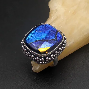 

Trendy Unique Solitaire Blue Dichroic Glass Silver Color Jewelry Band Ring For men Size 9 HD232