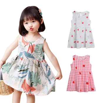

Lovely Children Girl Dress Summer Flower Print Vest Dress Home Style Leisure Casual Chic Round Neck Daily Clothing